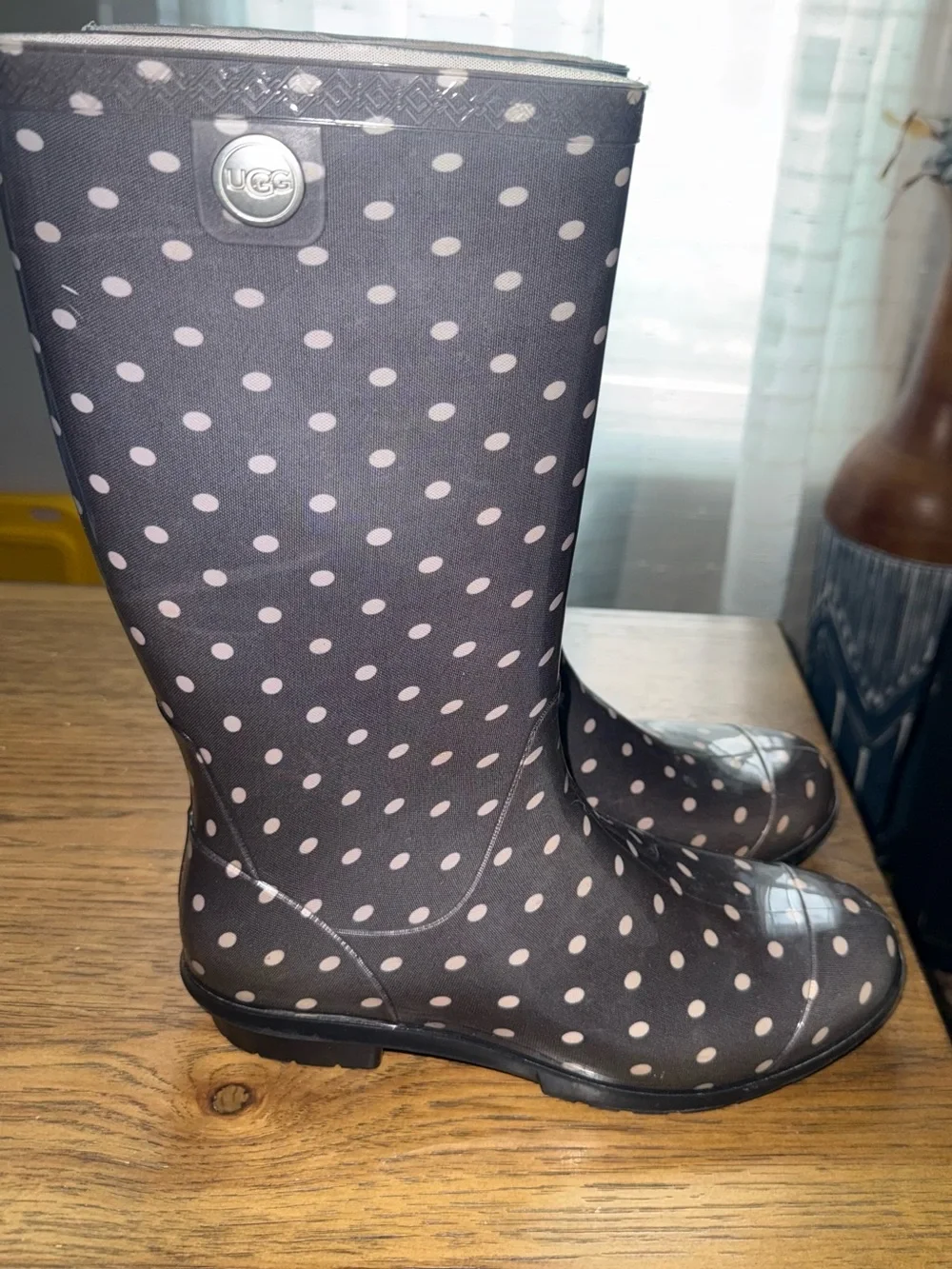 UGG Black Rain Boots with Light Pink Polka Dots